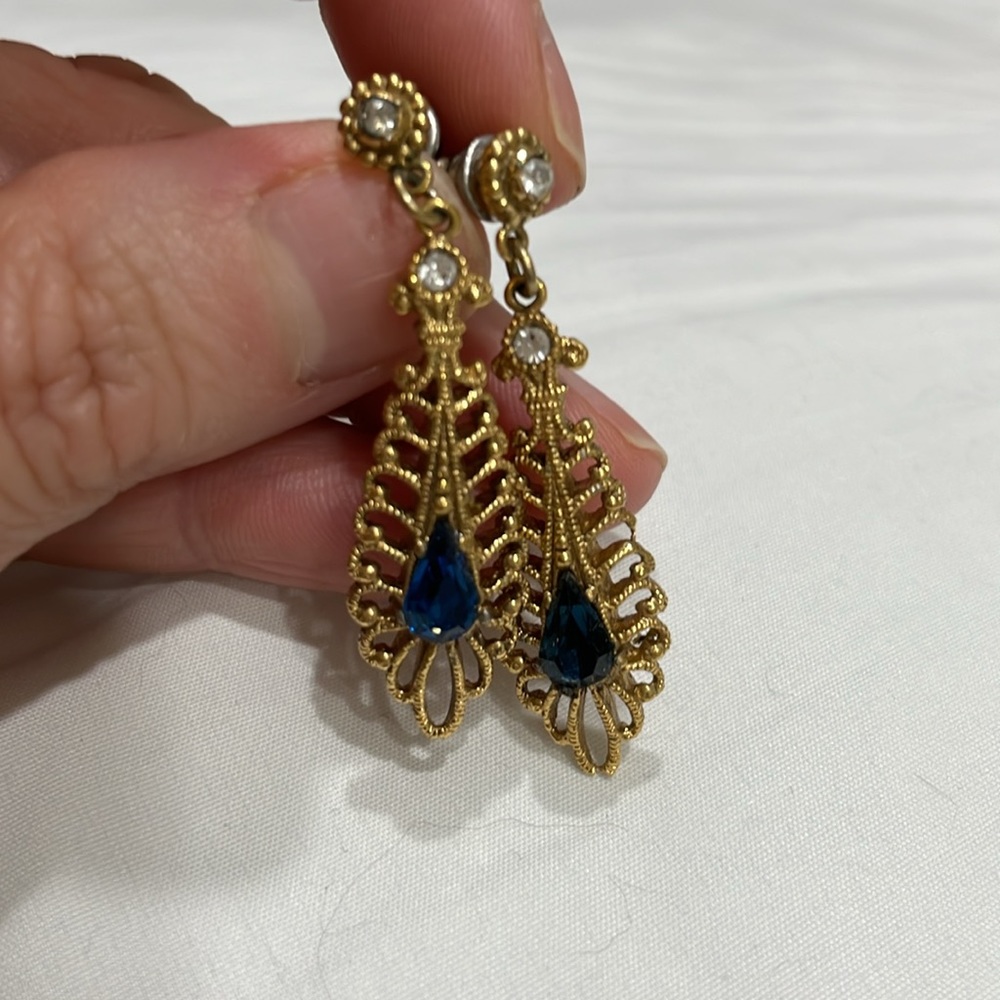 Earrings ~Gold tone with white blue crystals